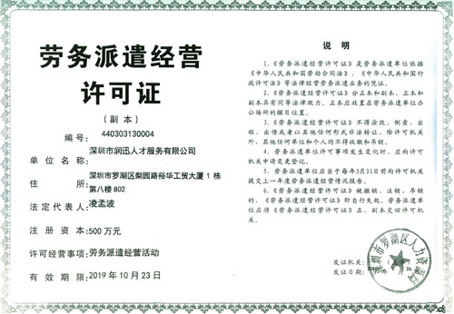 润迅人才劳务派遣经营许可证（副本）